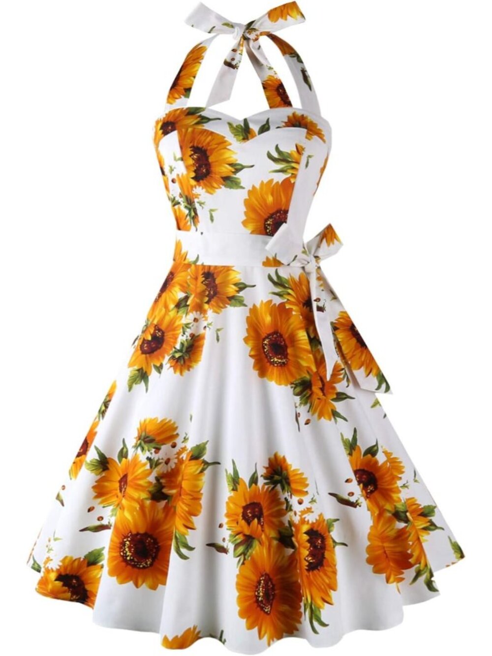 Women's White Sunflower Halter Neck Vintage Polka Audrey Retro Cocktail Dress